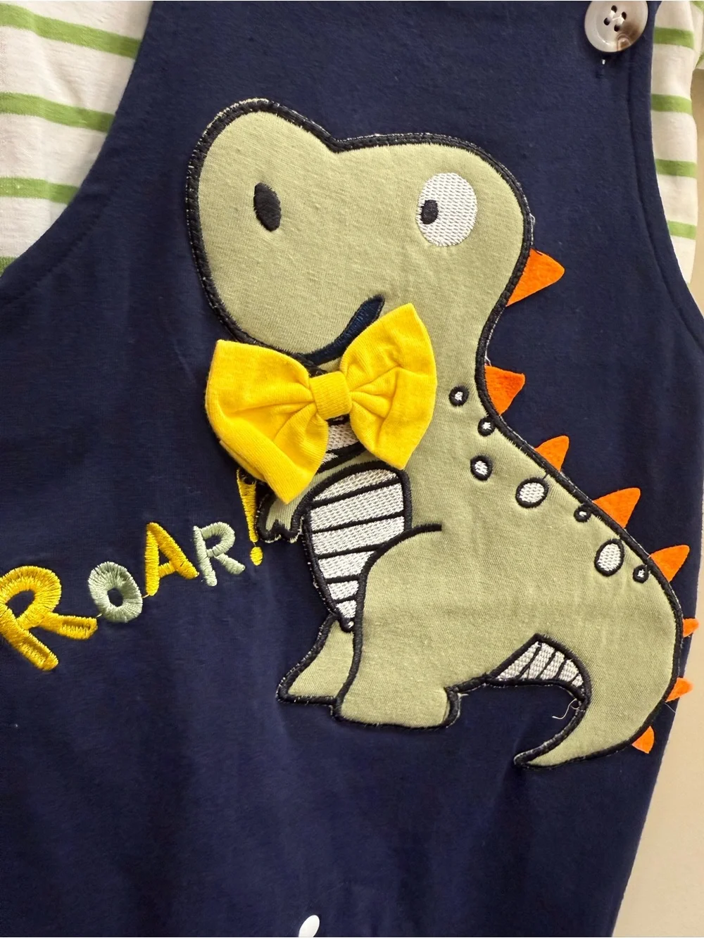 Navy Dinosaur Romper with Green Stripe Tee - Baby Overalls Set